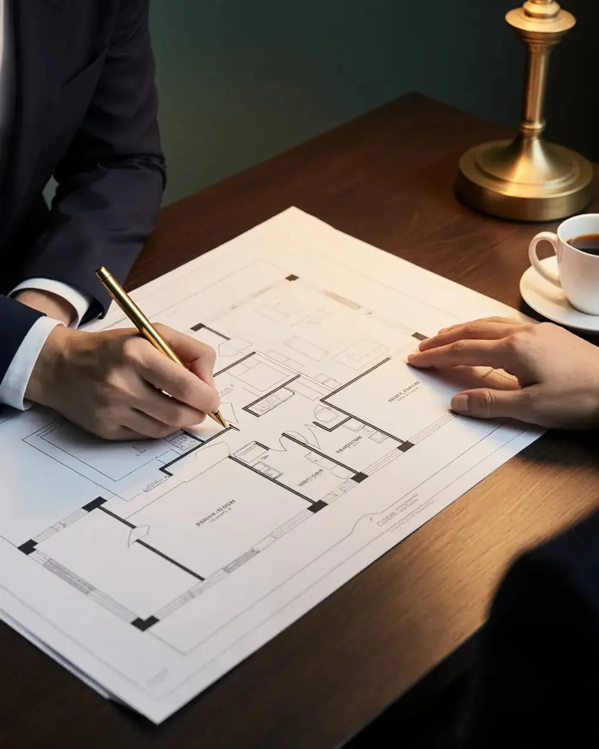 An advisor walking a client through a floor plan at a desk
